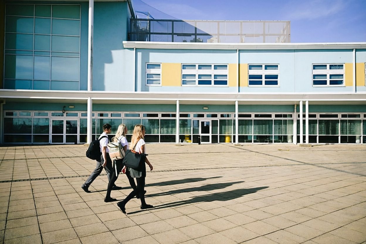 Students walking together outside a modern college building